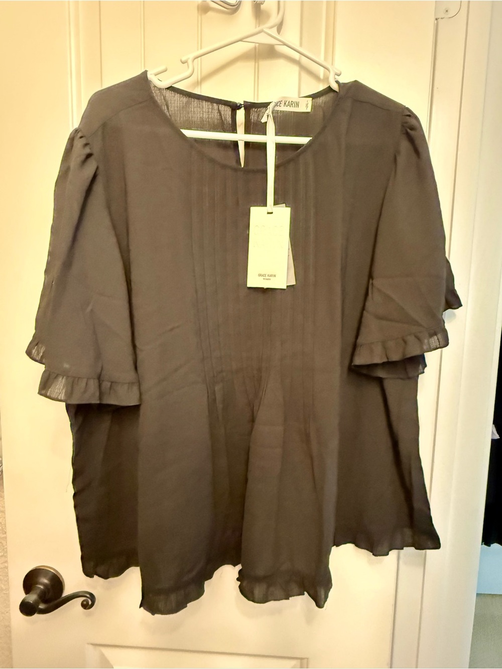 Grace Karin Black Pintuck Ruffle Sleeve Blouse